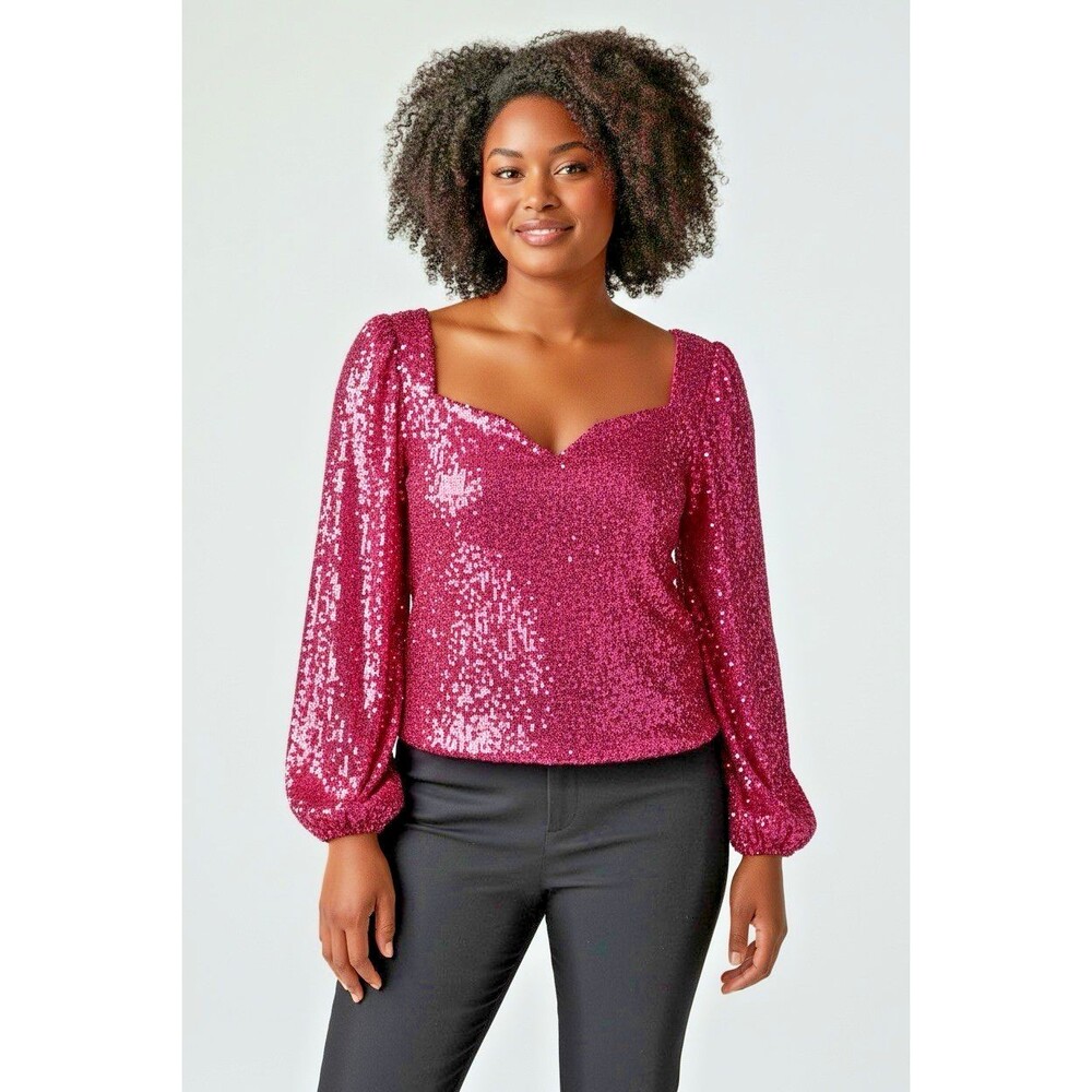 Torrid womens glam sequined hot pink balloon sleeve party blouse sz 2 US 2X